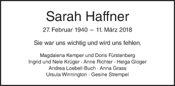 Traueranzeige von Sarah Haffner von Tagesspiegel