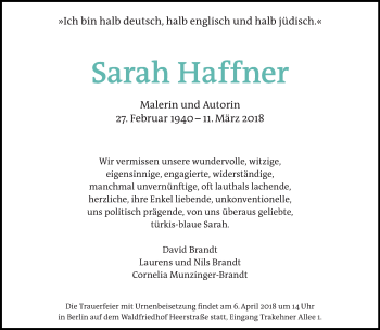 Traueranzeige von Sarah Haffner von Tagesspiegel