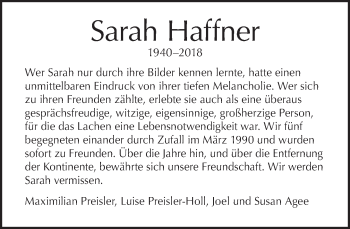 Traueranzeige von Sarah Haffner von Tagesspiegel