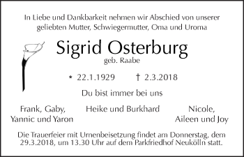 Traueranzeige von Sigrid Osterburg von Tagesspiegel