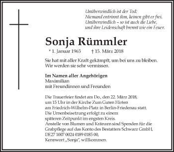 Traueranzeige von Sonja Rümmler von Tagesspiegel