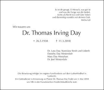 Traueranzeige von Thomas Irving Day von Tagesspiegel