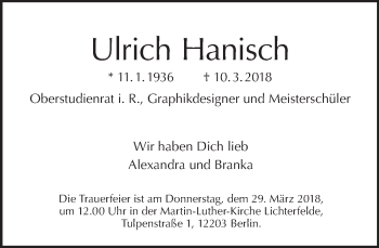 Traueranzeige von Ulrich Hanisch von Tagesspiegel