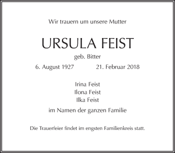 Traueranzeige von Ursula Feist von Tagesspiegel
