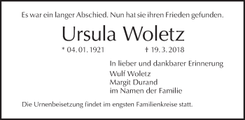 Traueranzeige von Ursula Woletz von Tagesspiegel