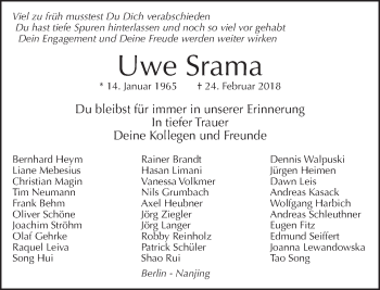 Traueranzeige von Uwe Srama von Tagesspiegel
