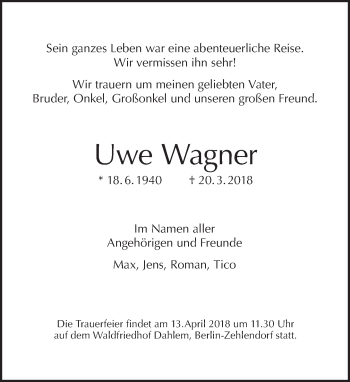 Traueranzeige von Uwe Wagner von Tagesspiegel
