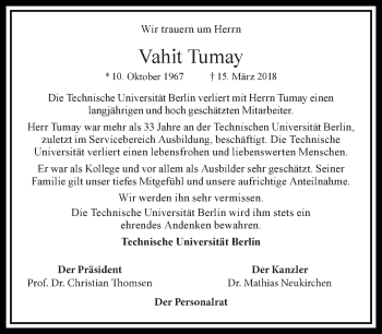 Traueranzeige von Vahit Tumay von Tagesspiegel