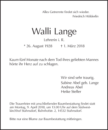 Traueranzeige von Walli Lange von Tagesspiegel