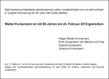 Traueranzeige von Walter Kumpmann von Tagesspiegel