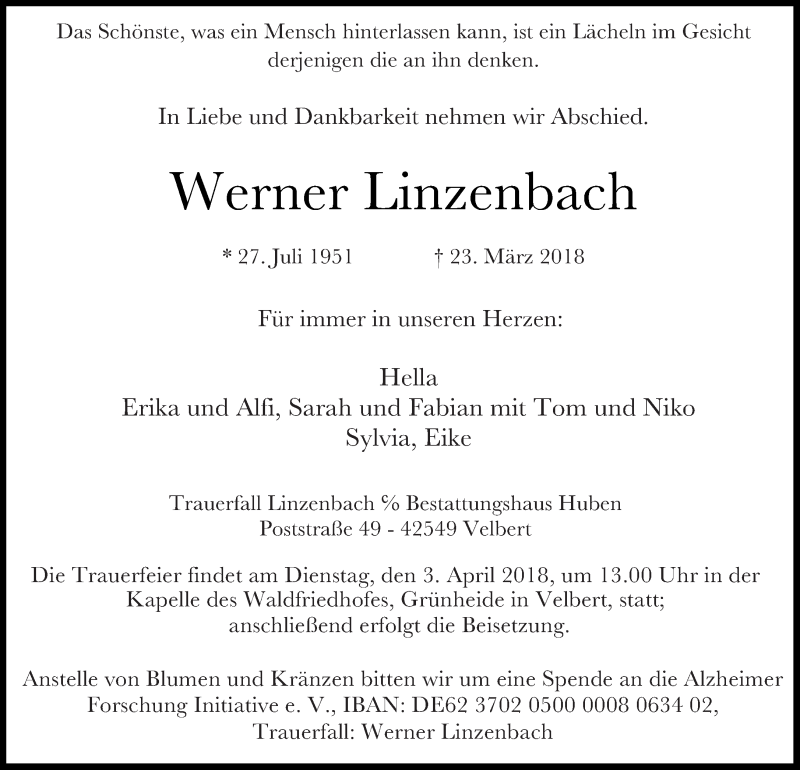  Traueranzeige für Werner Linzenbach vom 28.03.2018 aus Tagesspiegel