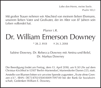 Traueranzeige von William Emerson Downey von Tagesspiegel