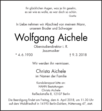 Traueranzeige von Wolfgang Aichele von Tagesspiegel