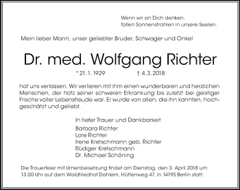 Traueranzeige von Wolfgang Richter von Tagesspiegel