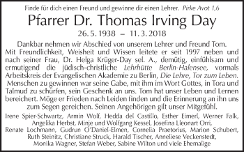 Traueranzeige von Thomas Irving Day von Tagesspiegel