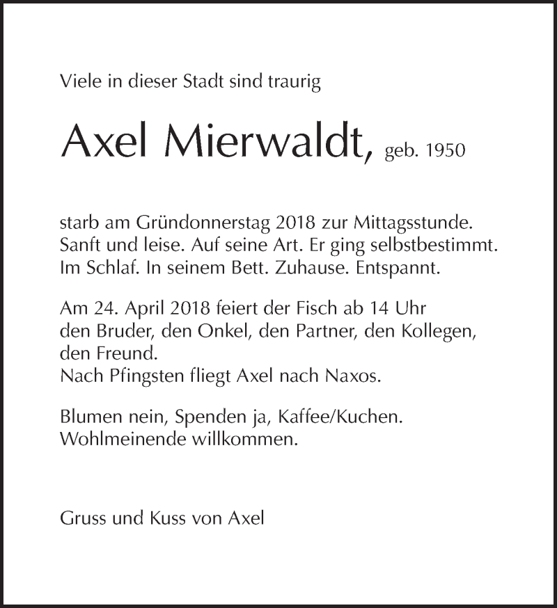  Traueranzeige für Axel Mierwaldt vom 22.04.2018 aus Tagesspiegel