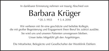 Traueranzeige von Barbara Krüger von Tagesspiegel