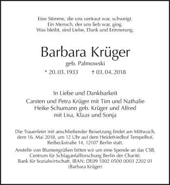 Traueranzeige von Barbara Krüger von Tagesspiegel