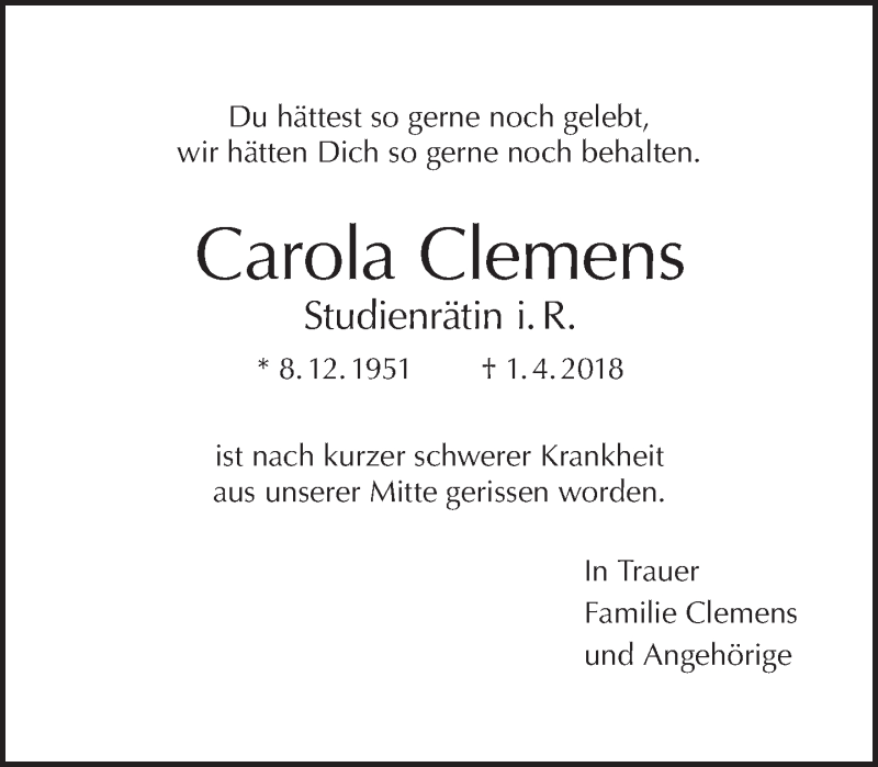  Traueranzeige für Carola Clemens vom 15.04.2018 aus Tagesspiegel