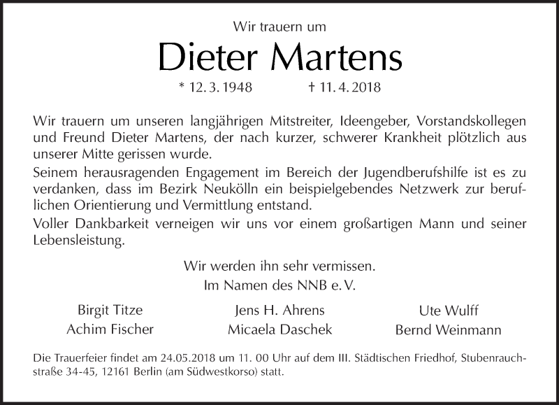  Traueranzeige für Dieter Martens vom 22.04.2018 aus Tagesspiegel