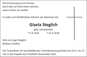 Traueranzeige von Gisela Steglich von Tagesspiegel