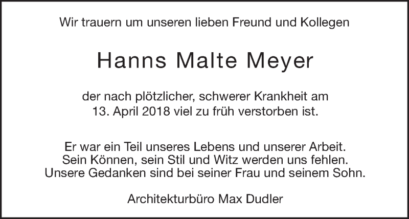  Traueranzeige für Hanns Malte Meyer vom 22.04.2018 aus Tagesspiegel