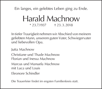 Traueranzeige von Harald Machnow von Tagesspiegel