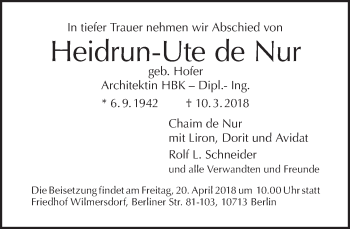 Traueranzeige von Heidrun-Ute de Nur von Tagesspiegel
