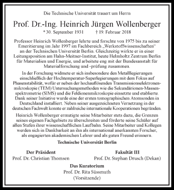 Traueranzeige von Heinrich Jürgen Wollenberger von Tagesspiegel