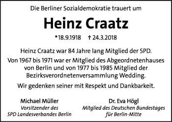 Traueranzeige von Heinz Craatz von Tagesspiegel