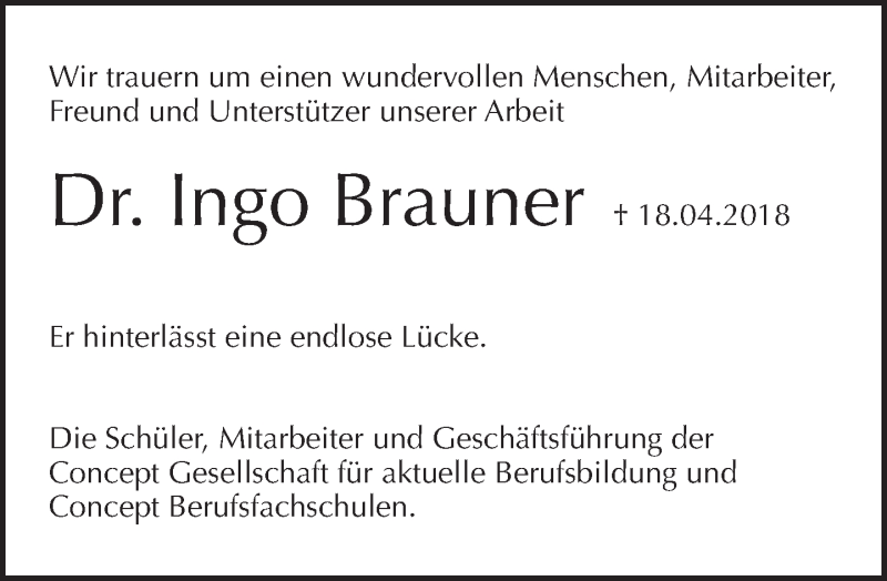  Traueranzeige für Ingo Brauner vom 22.04.2018 aus Tagesspiegel