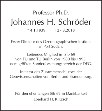 Traueranzeige von Johannes Schröder von Tagesspiegel