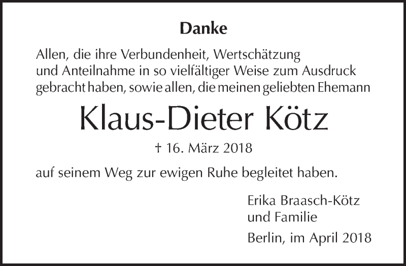  Traueranzeige für Klaus-Dieter Kötz vom 29.04.2018 aus Tagesspiegel