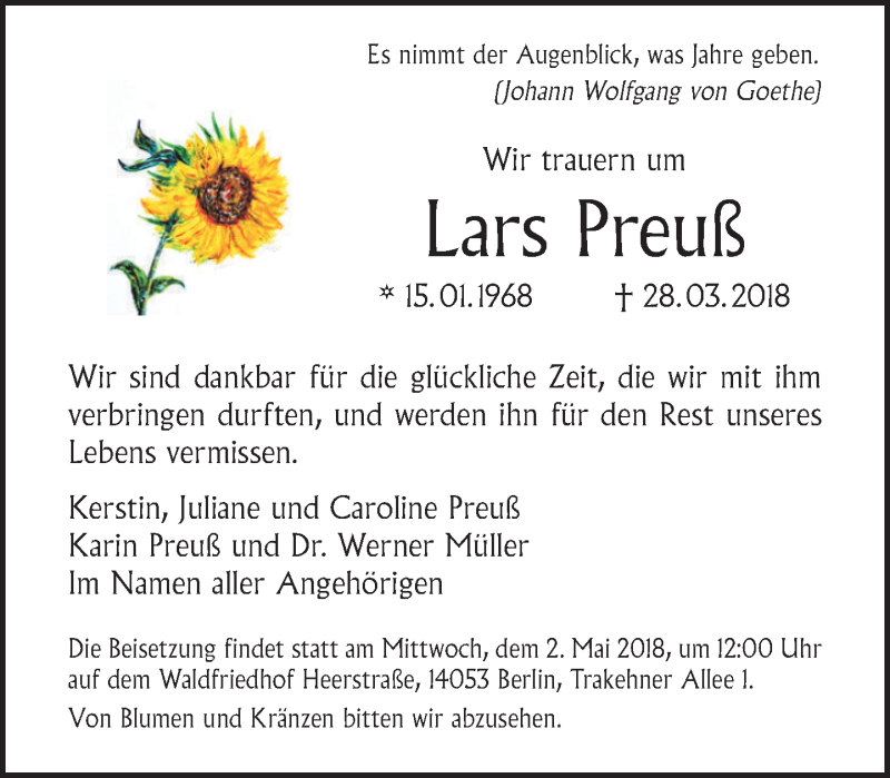  Traueranzeige für Lars Preuß vom 22.04.2018 aus Tagesspiegel