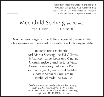 Traueranzeige von Mechthild Seeberg von Tagesspiegel