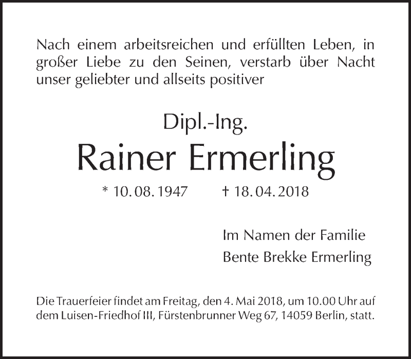  Traueranzeige für Rainer Ermerling vom 22.04.2018 aus Tagesspiegel