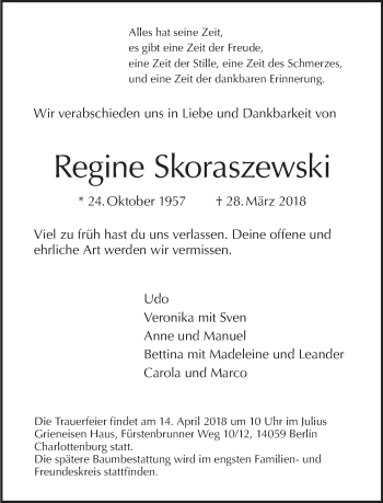 Traueranzeige von Regine Skoraszewski von Tagesspiegel