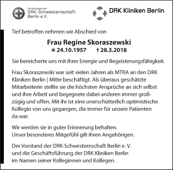 Traueranzeige von Regine Skoraszewski von Tagesspiegel