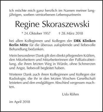Traueranzeige von Regine Skoraszewski von Tagesspiegel