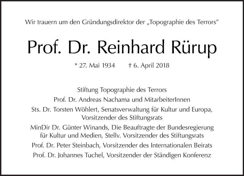  Traueranzeige für Reinhard Rürup vom 15.04.2018 aus Tagesspiegel