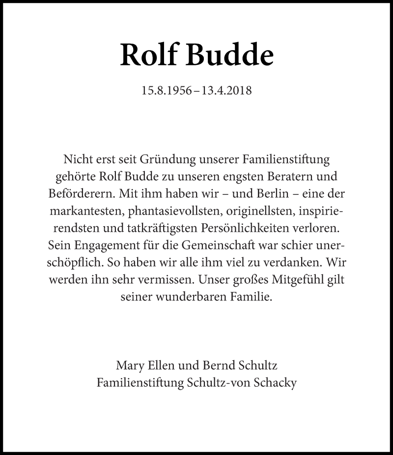  Traueranzeige für Rolf Budde vom 15.04.2018 aus Tagesspiegel