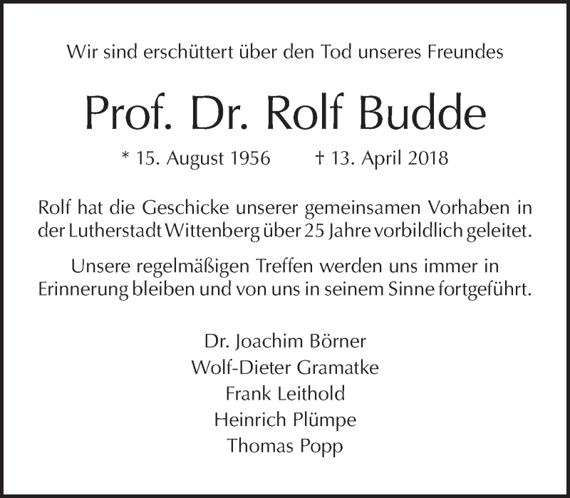  Traueranzeige für Rolf Budde vom 22.04.2018 aus Tagesspiegel