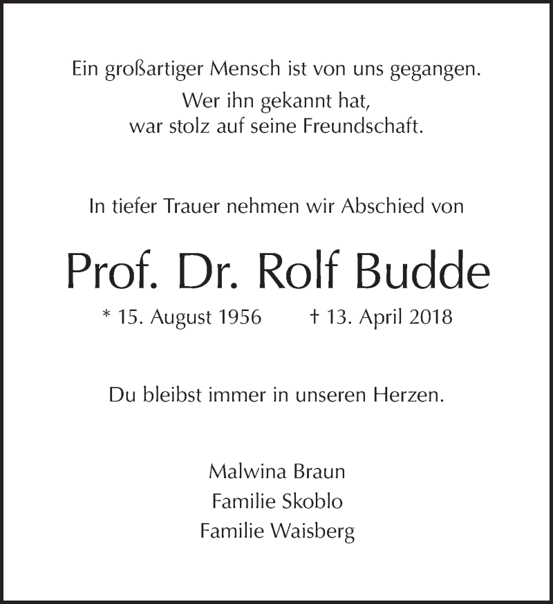  Traueranzeige für Rolf Budde vom 20.04.2018 aus Tagesspiegel