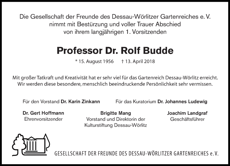  Traueranzeige für Rolf Budde vom 18.04.2018 aus Tagesspiegel