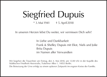 Traueranzeige von Siegfried Dupuis von Tagesspiegel
