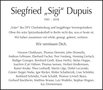 Traueranzeige von Siegfried Dupuis von Tagesspiegel