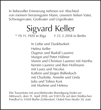 Traueranzeige von Sigvard Keller von Tagesspiegel