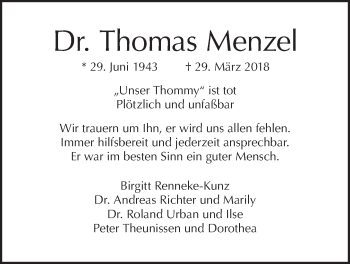 Traueranzeige von Thomas Menzel von Tagesspiegel