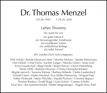 Traueranzeige von Thomas Menzel von Tagesspiegel