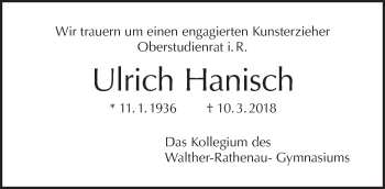 Traueranzeige von Ulrisch Hanisch von Tagesspiegel